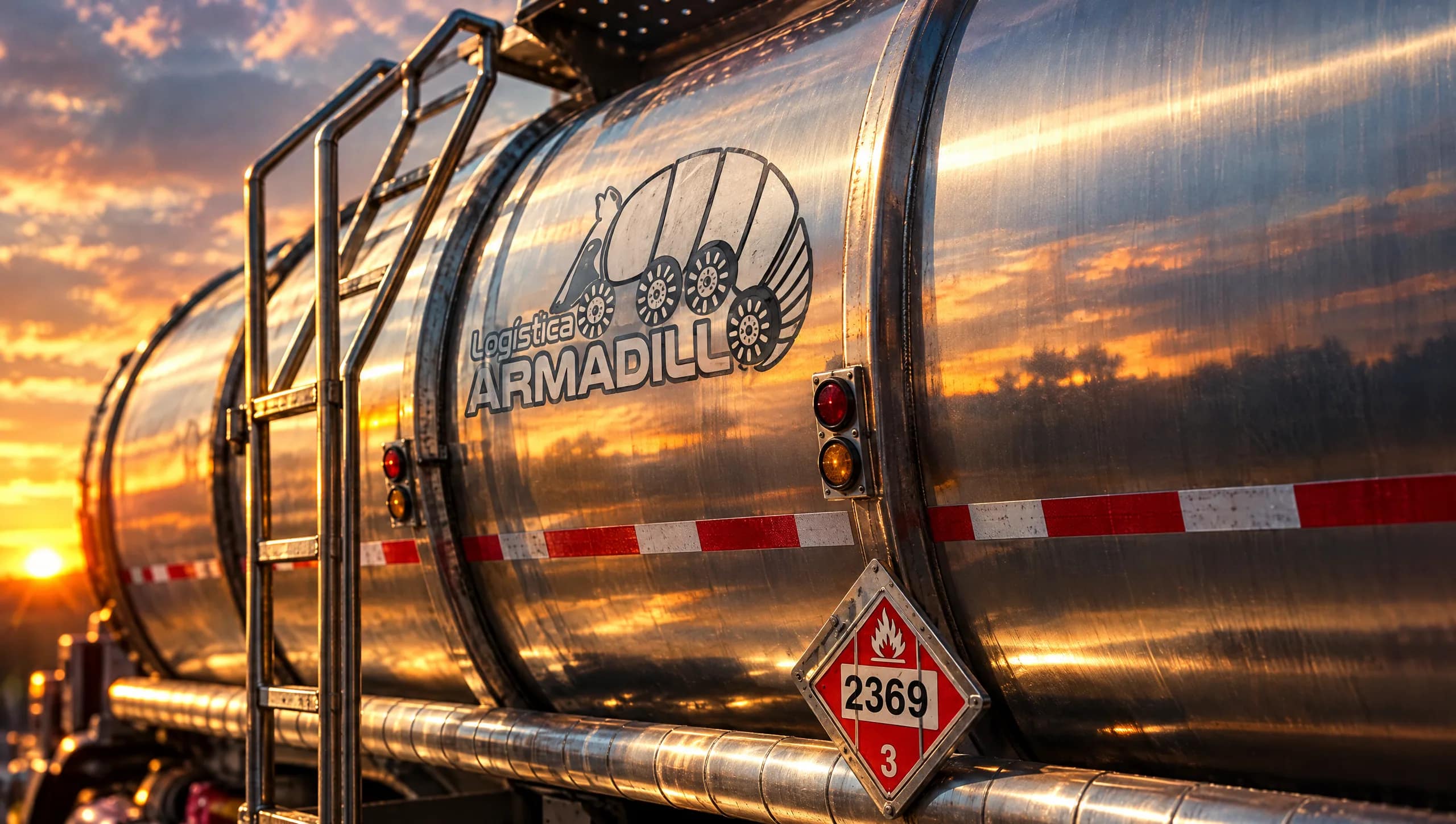 Logotipo de Logística Armadillo en el acero inoxidable con luz de atardecer