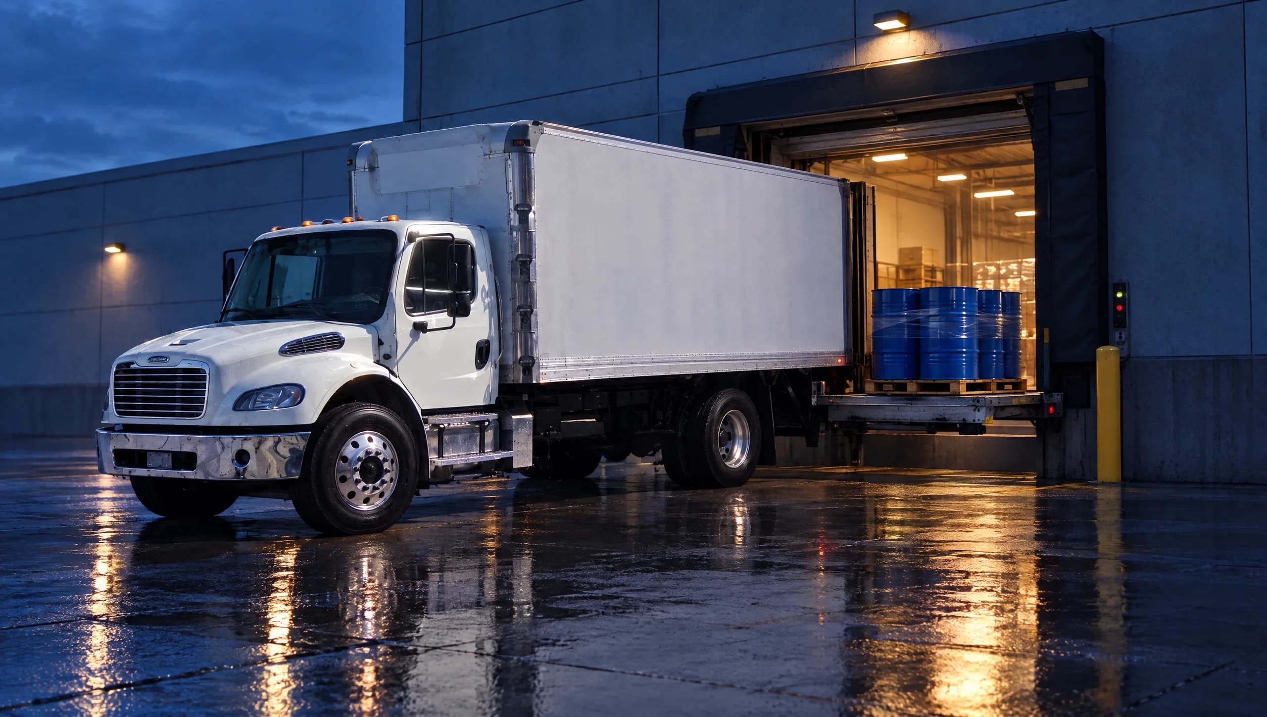 Caja seca Freightliner M2 en un andén al amanecer con la rampa hidráulica abajo