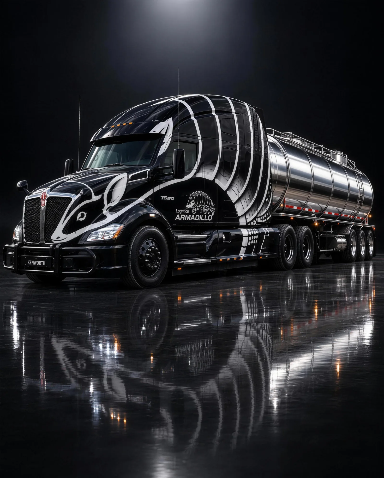Tráiler negro Kenworth rotulado con el armadillo y pipa de acero en estudio oscuro