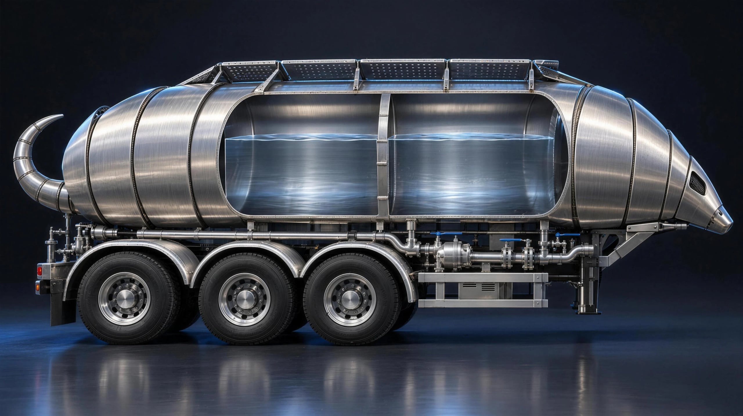 Render técnico de un tanque de acero inoxidable con forma de armadillo, en corte, con dos compartimentos
