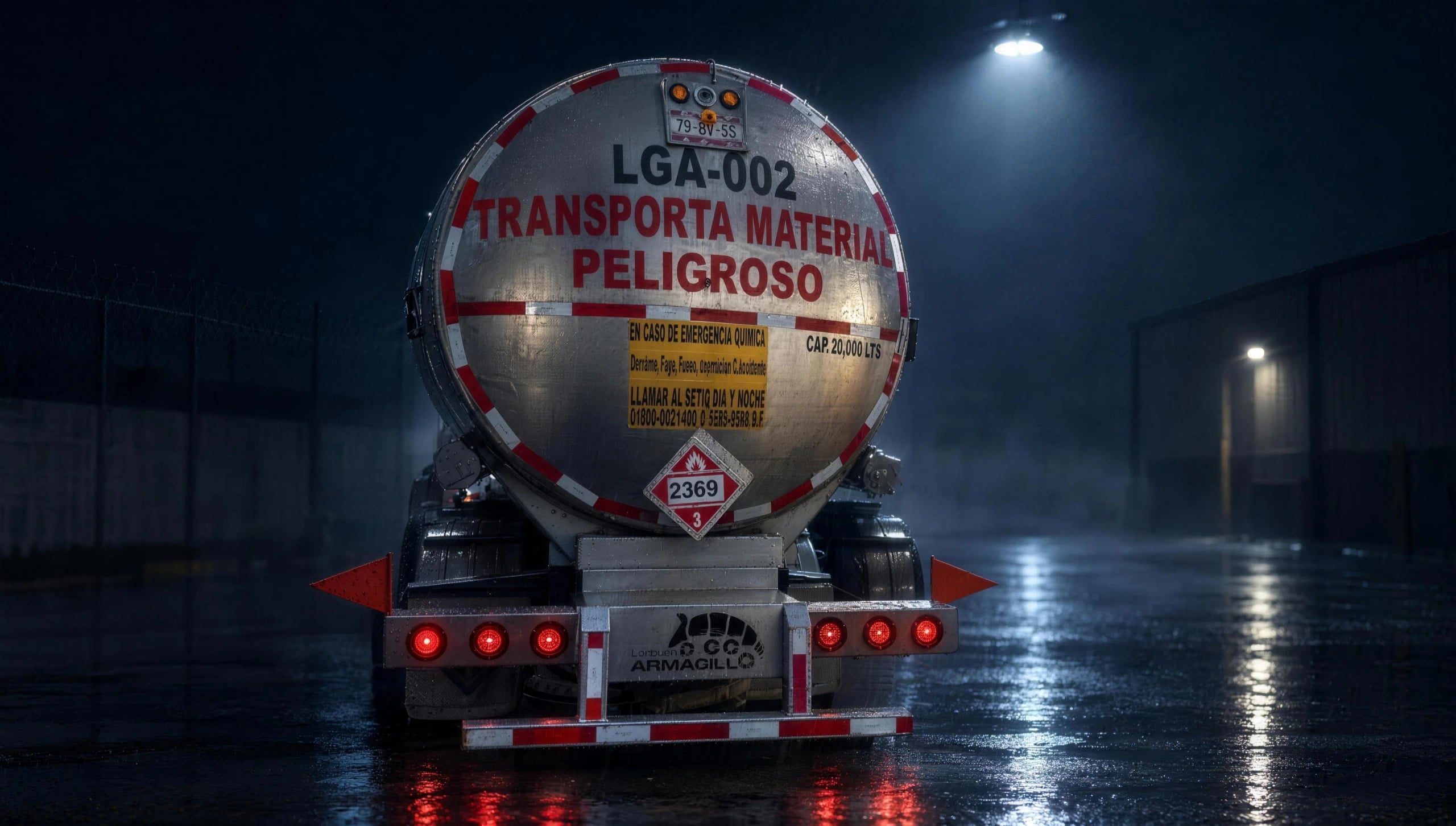 Trasera de la pipa LGA-002 de noche: leyenda Transporta material peligroso, etiqueta SETIQ y placard 2369